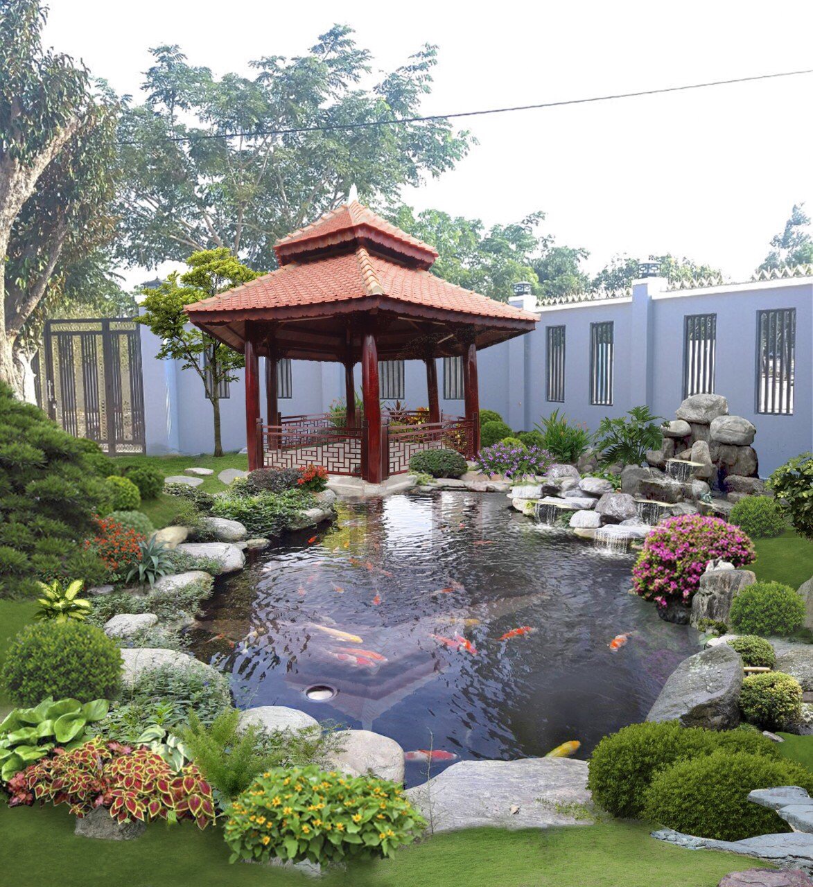 thi công hồ cá koi mini ngoài trời đơn giản đẹp