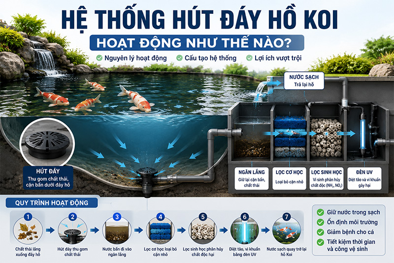 Hệ Thống Hút Đáy Hồ Koi Hoạt Động Như Thế Nào?