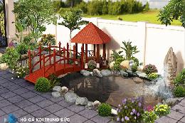 Mẫu hồ cá koi ngoài trời có chòi gỗ