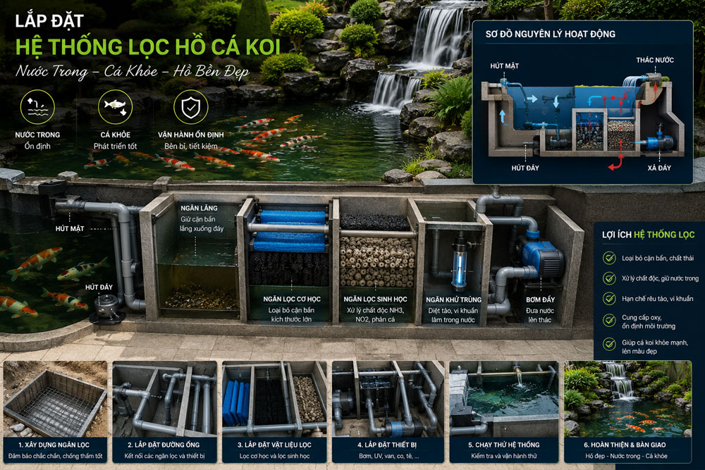 Lắp đặt hệ thống lọc nước hồ cá koi
