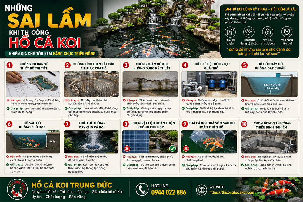 Những sai lầm khi thi công hồ cá koi